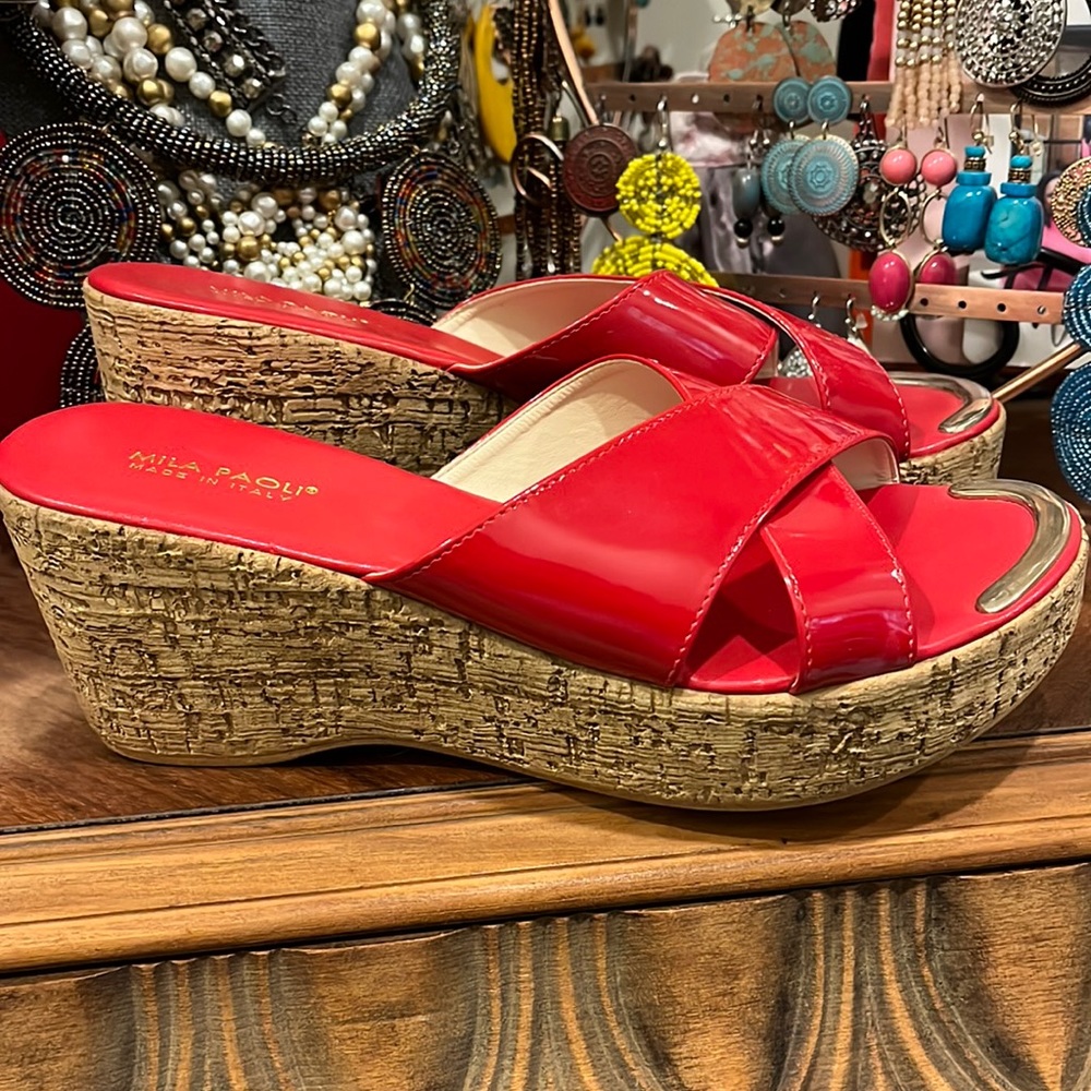 Mila Paoli, Kris Kross, red patent, leather, cork, wedge sandals